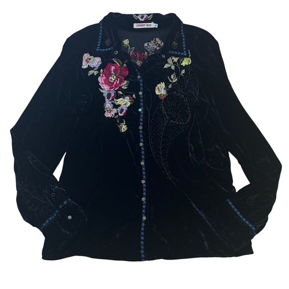 Johnny Was Black Crushed Velvet Embroidered Button Down Shirt XL - Picture 1 of 9